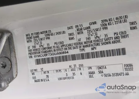 2016 Ford Escape S z USA, uszkodzony, nr VIN 1FMCU0F73GUA90894